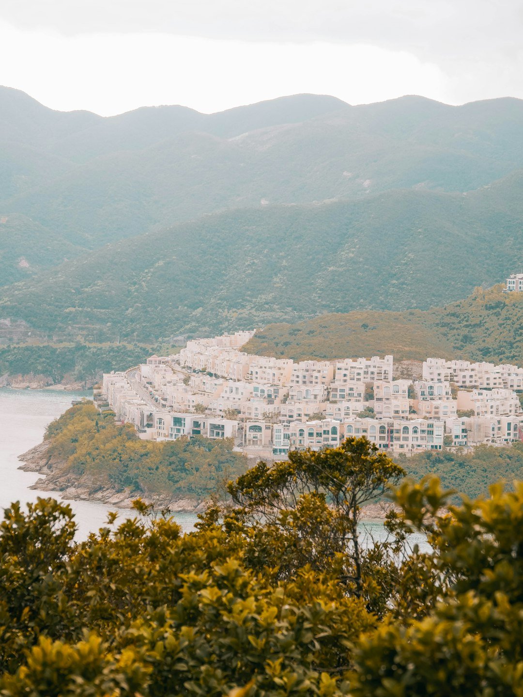 White buildings nestled on a green hillside by the water.