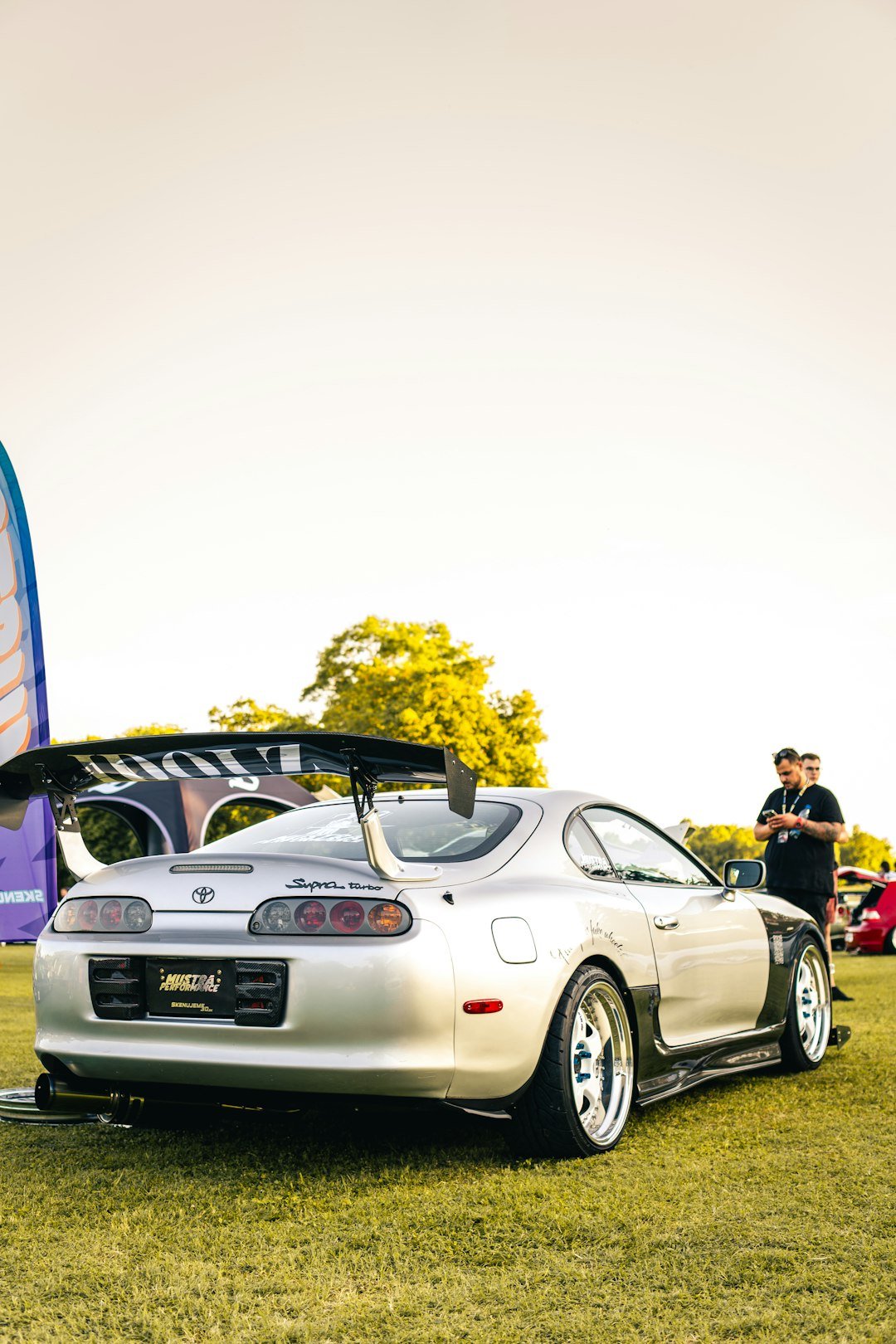 Silver sports car with large rear spoiler parked on grass